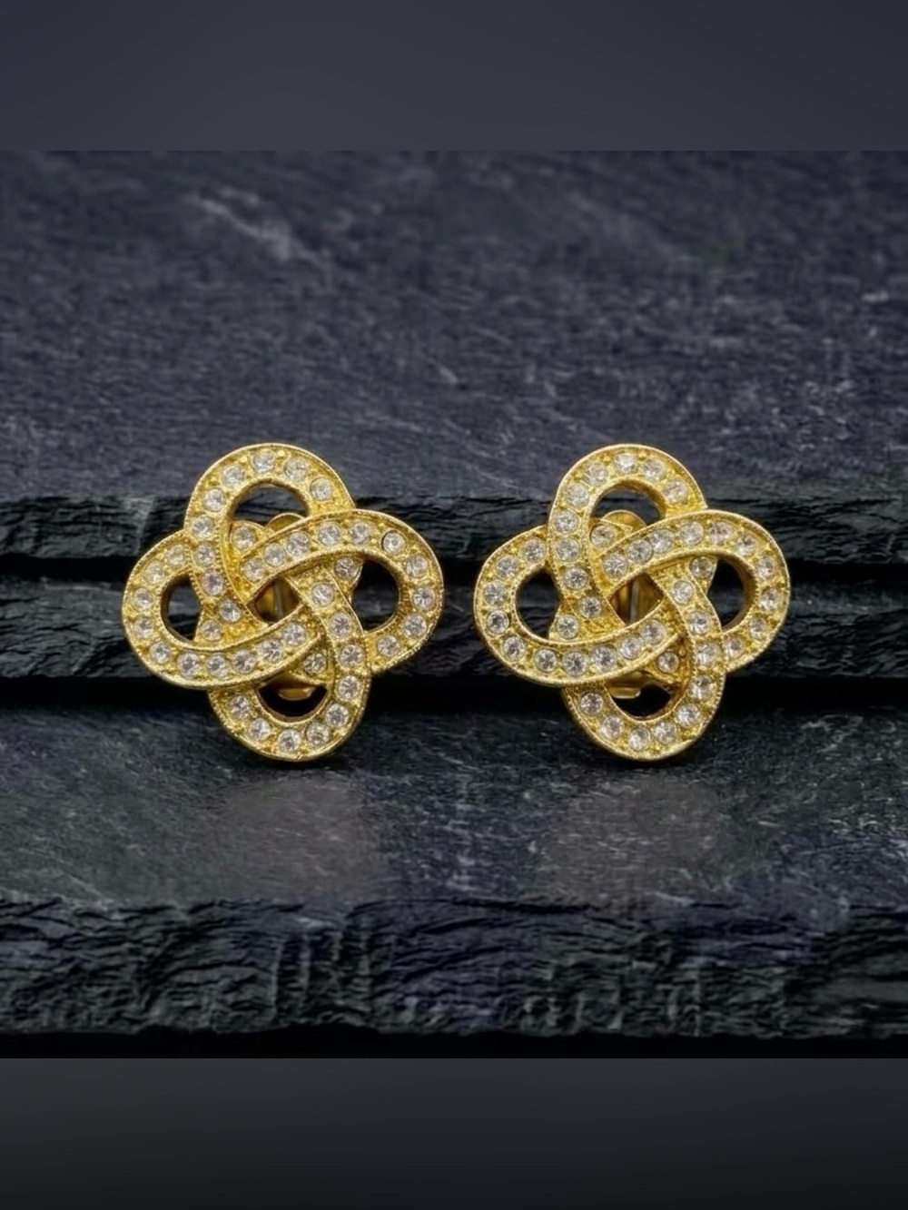 Vintage 80s Celtic Love Knot Clear Crystal Gold Tone Statement Clip Earrings